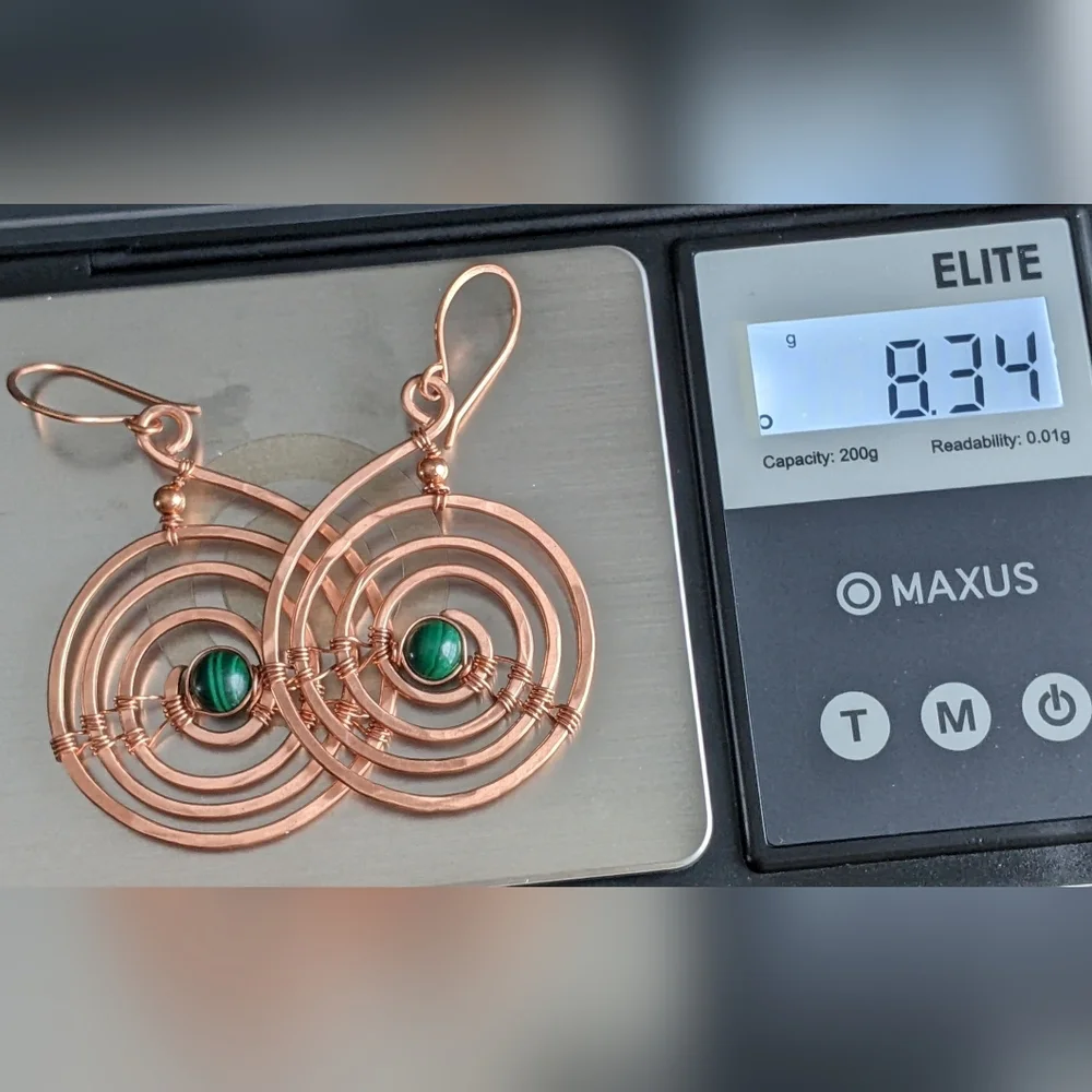 Industrial Urban Copper Spiral Earrings Natural Malachite Gems Earthy Bold - Picture 11 of 12